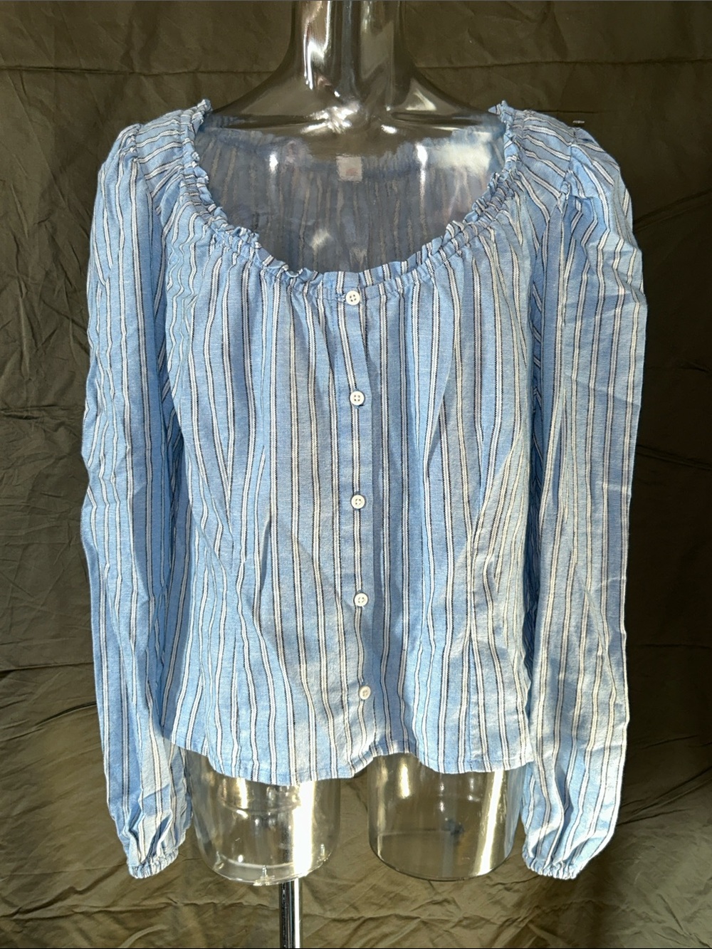 Old Navy Blue and White Striped Button-Down Peasant Top